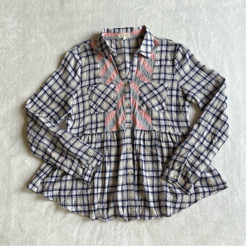 Hem & Thread Button‎ Up Neck Long Roll-Up Sleeve Plaid Print Cotton Babydoll Top